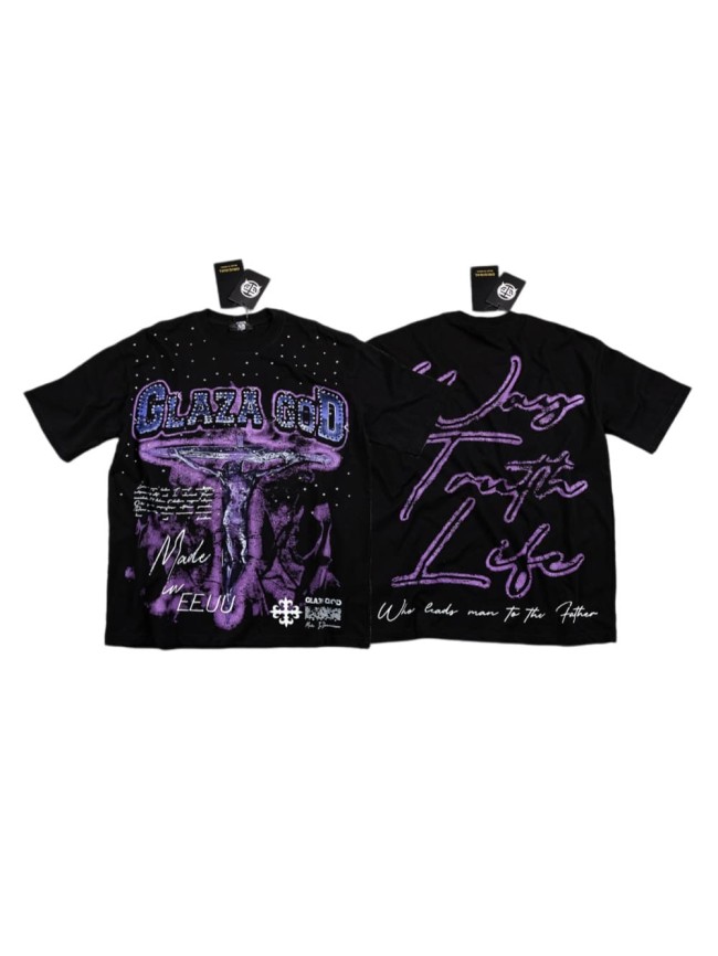 Neck Rhinestone Purple Jesus Cross Script Slogan Double Sided Print T-Shirt 29287091