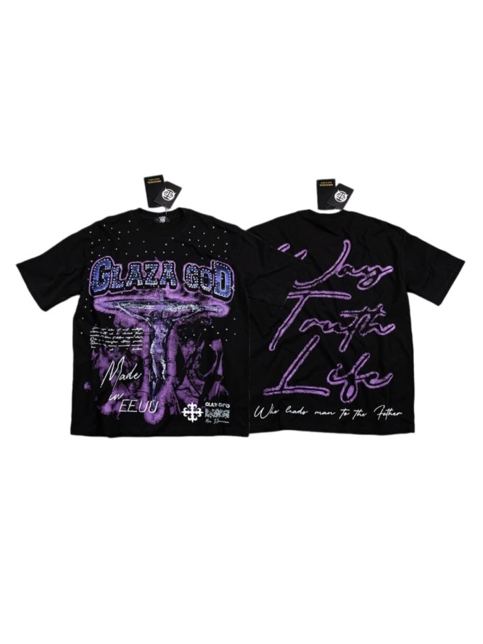 Neck Rhinestone Purple Jesus Cross Script Slogan Double Sided Print T-Shirt 29287091