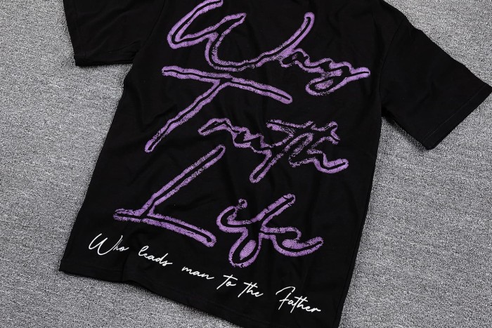 Neck Rhinestone Purple Jesus Cross Script Slogan Double Sided Print T-Shirt 29287091