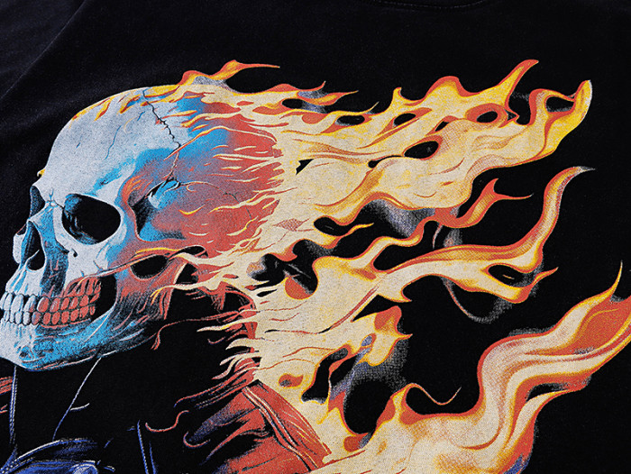 Burning Flame Skull Biker Yellow Cursive Logo Double Sided Print Tee 29287365