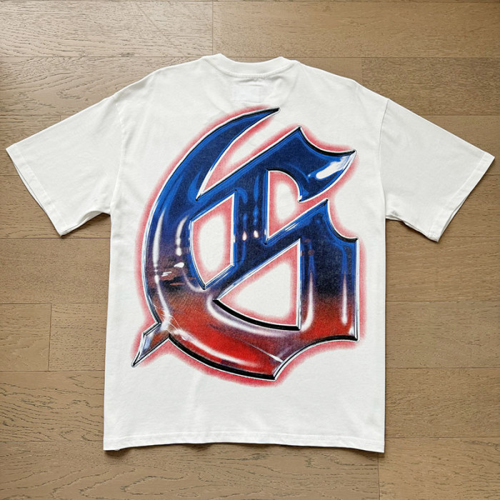 Script Letter Highway Driving Figure Gradient Blue Red GS Logo Double Printed Tee 29287468