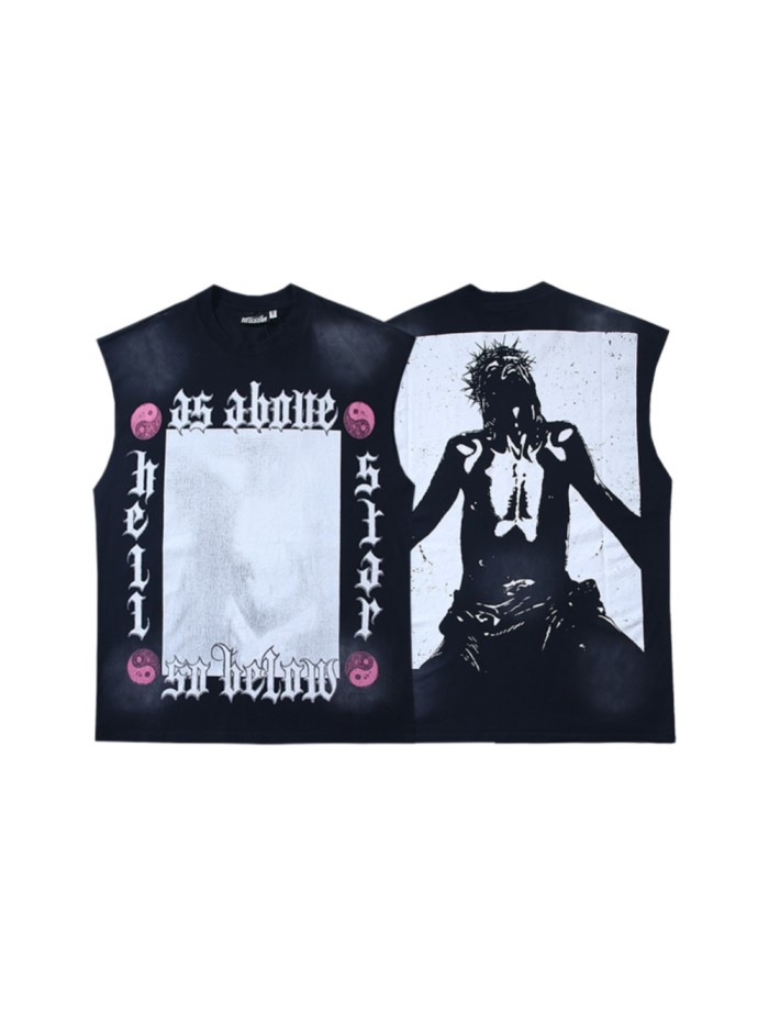 Gothic Letter Pink Yin Yang Religious Figure Double Sided Print Sleeveless Tank Top 29287307