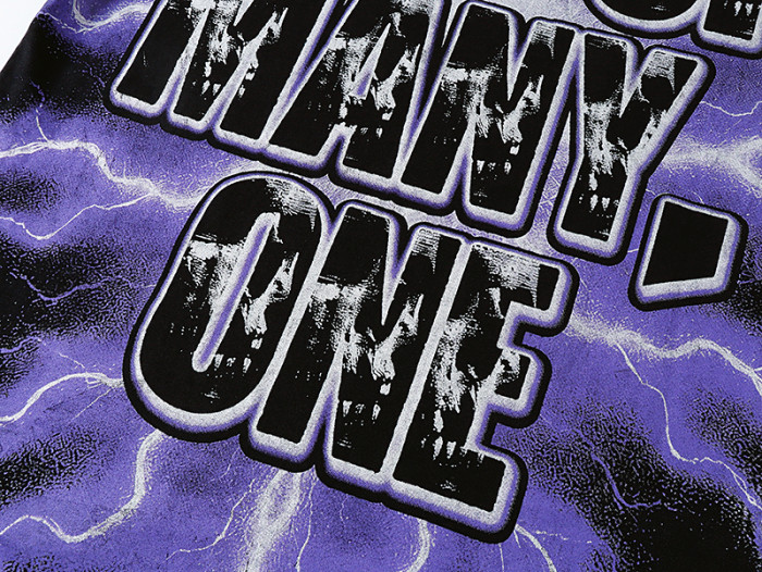 Lightning Background Checkered Suit Skull Racer Out Of Many One Slogan Double Sided Print Tee 29287370