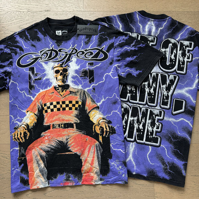 Lightning Background Checkered Suit Skull Racer Out Of Many One Slogan Double Sided Print Tee 29287370