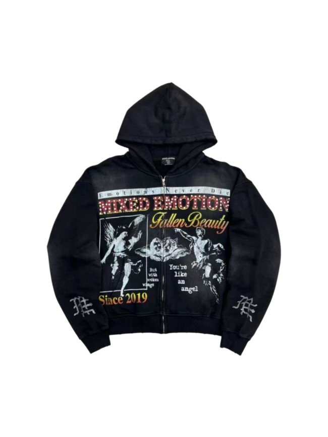 High Street Washed Black Angel Art Rhinestone Letter Full Zip Oversized Hoodie 29287174