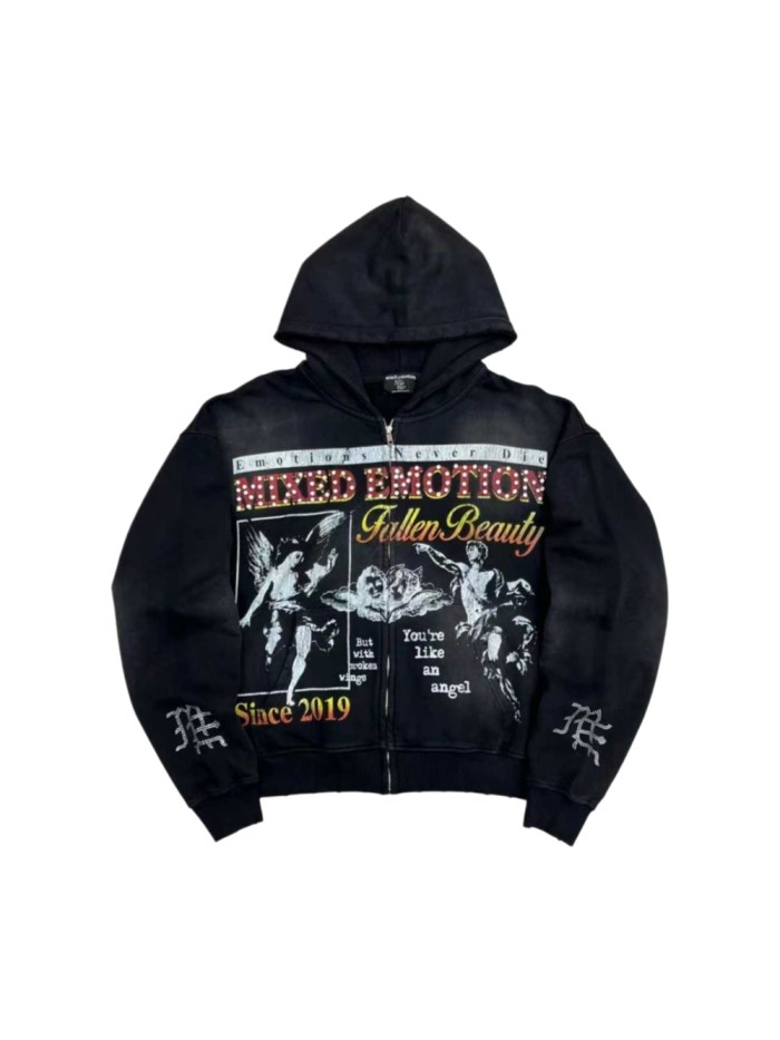 High Street Washed Black Angel Art Rhinestone Letter Full Zip Oversized Hoodie 29287174