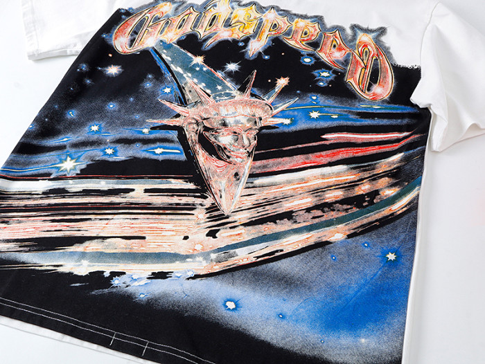 Cosmic Shooting Star Liberty Skull Gradient Red Gold Sparkle GS Logo Double Sided Print Tee 29287477