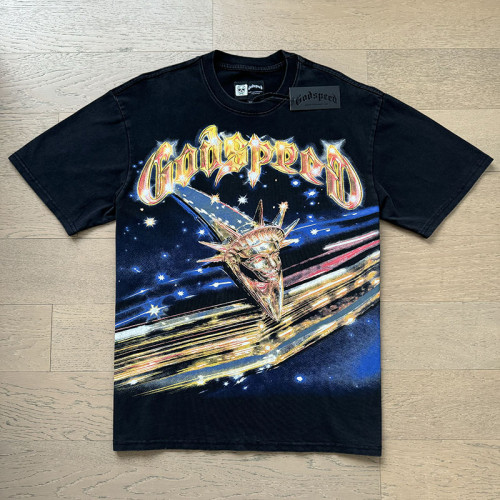 Shooting Star Liberty Skull Starry Sky Gradient Red Gold GS Logo Double Sided Print Tee 29287412