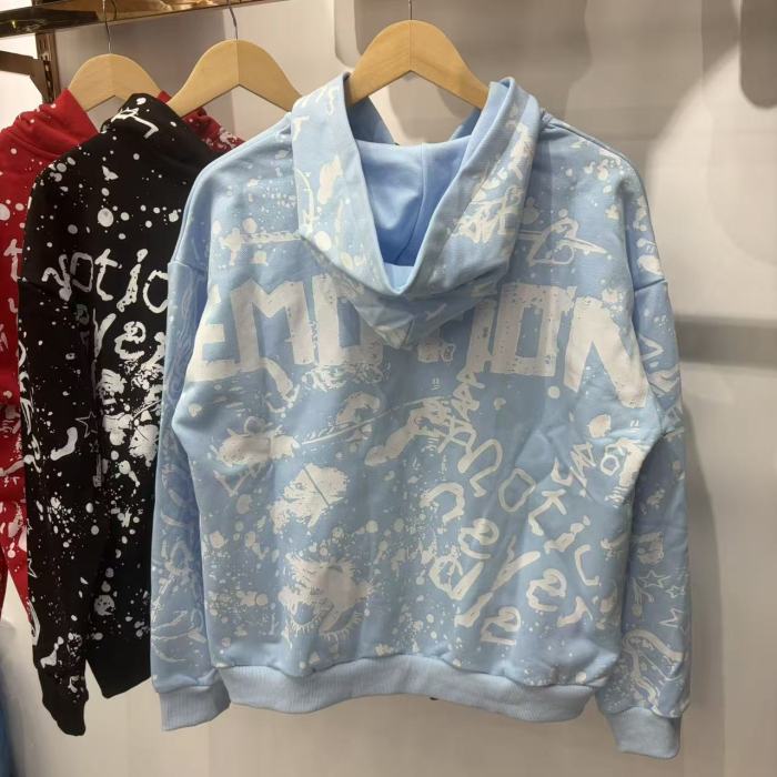 All Over White Paint Splatter Graffiti Emotion Letter Full Zip Oversized Hoodie 3 colors 29287194