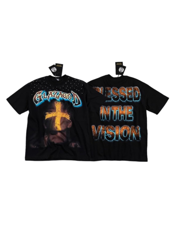 High Street Neck Rhinestone Cross Portrait Gradient Letter Double Sided Print T-Shirt 29287063