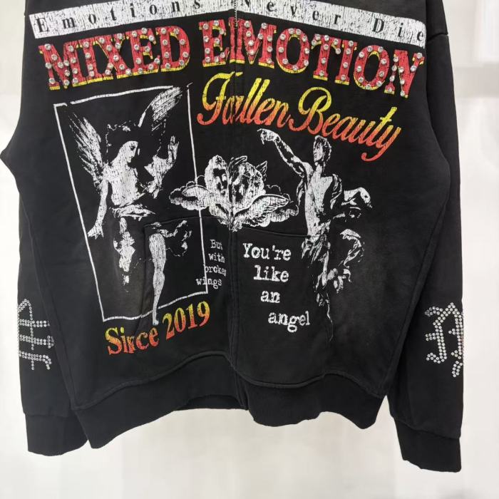 High Street Washed Black Angel Art Rhinestone Letter Full Zip Oversized Hoodie 29287174