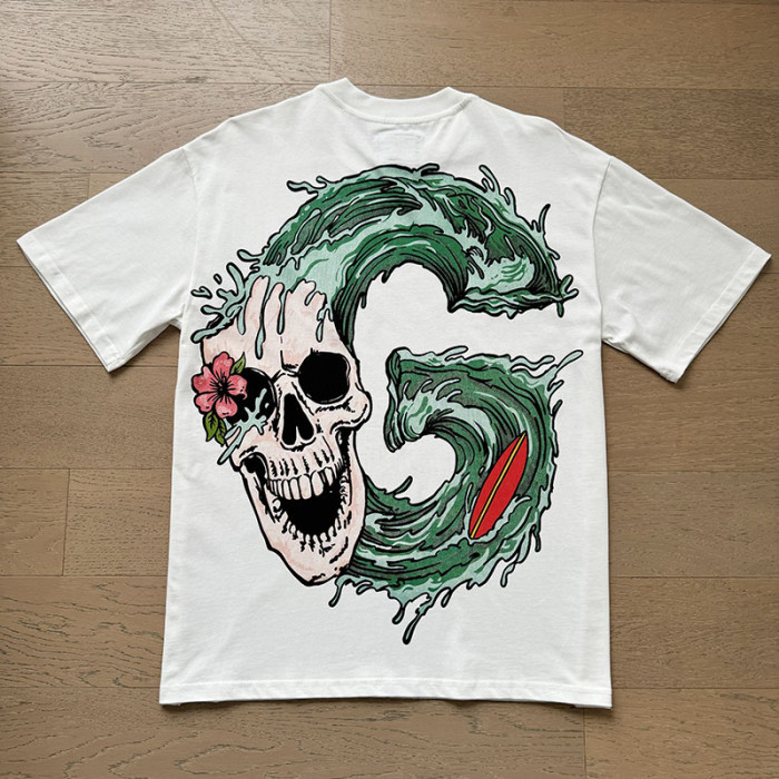 Tropical Palm Hibiscus Letter Ocean Wave Surf Skull Double Sided Print Tee 29287463