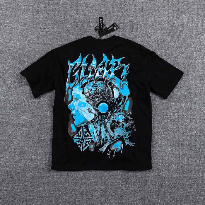 High Street Dark Metal Style Blue Distorted Female Portrait Double Sided Print T-Shirt 29287095