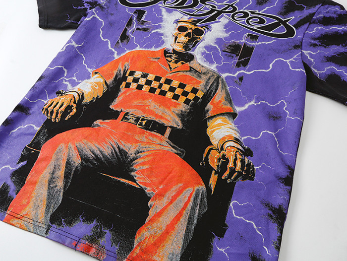 Lightning Background Checkered Suit Skull Racer Out Of Many One Slogan Double Sided Print Tee 29287370