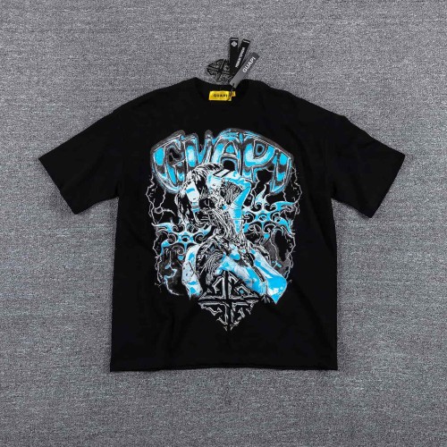 High Street Dark Metal Style Blue Distorted Female Portrait Double Sided Print T-Shirt 29287095