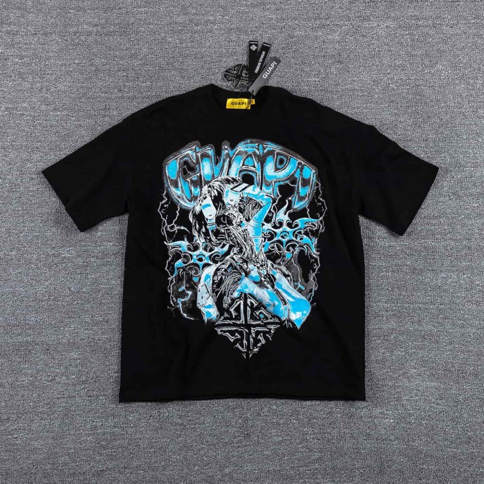 High Street Dark Metal Style Blue Distorted Female Portrait Double Sided Print T-Shirt 29287095
