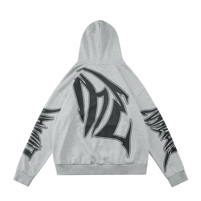 Distressed Slash Detail Gothic Spike Letter Front Back & Sleeve Print Full Zip Oversized Hoodie 29287186