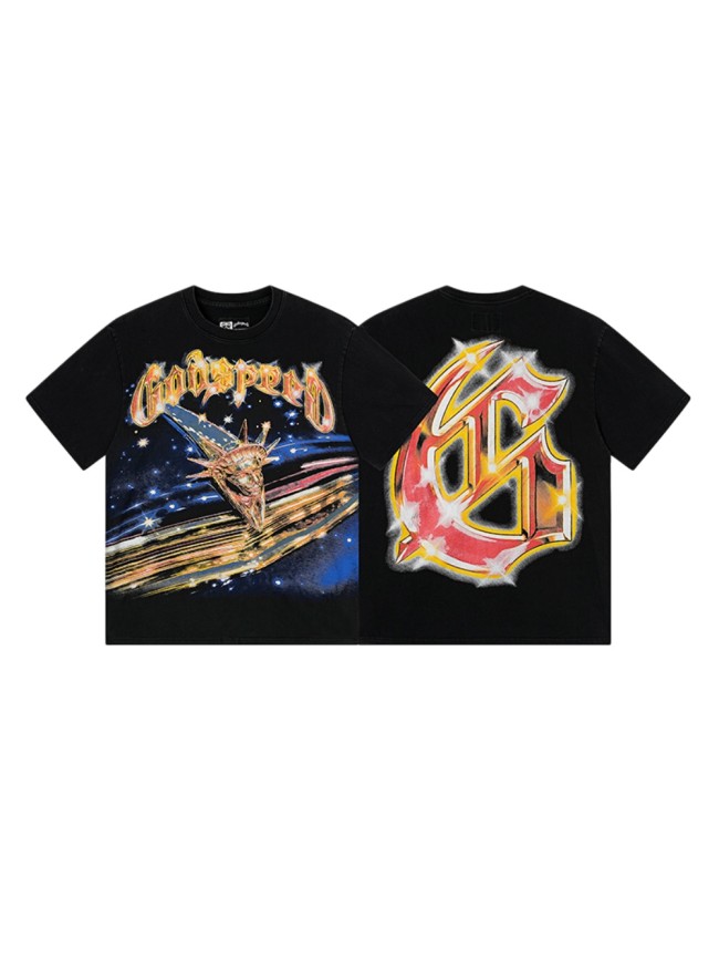 Shooting Star Liberty Skull Starry Sky Gradient Red Gold GS Logo Double Sided Print Tee 29287412