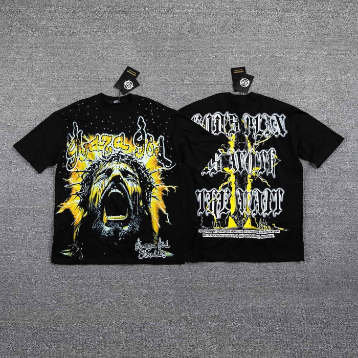 Neck Rhinestone Thorn Crown Jesus Lightning Graphic Double Sided Print T-Shirt 2 colors 29287070