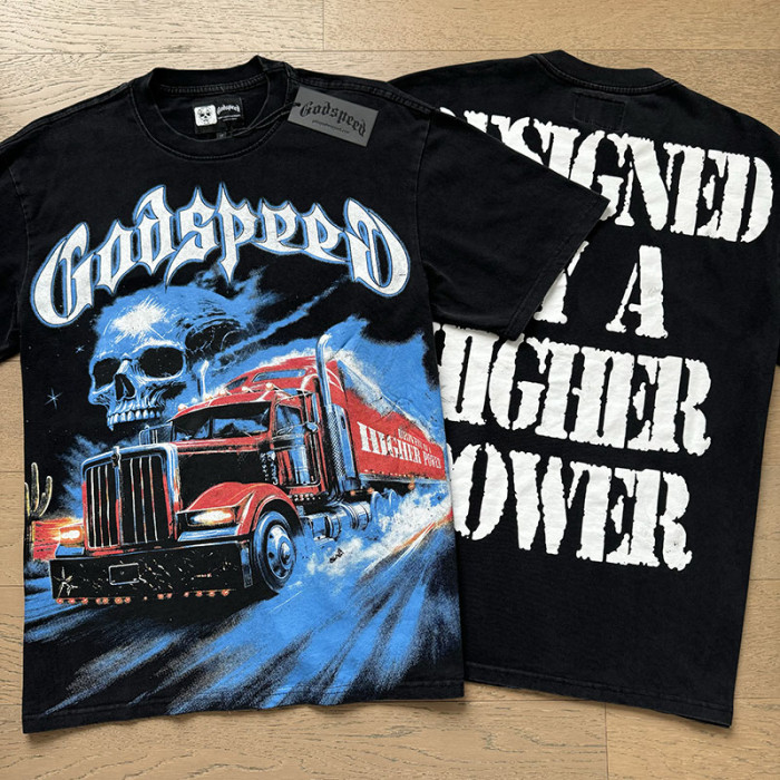Western Desert Semi Truck Skull Gothic Script Higher Power Slogan Double Sided Print Tee 29287429