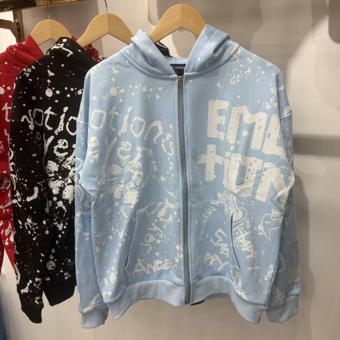 All Over White Paint Splatter Graffiti Emotion Letter Full Zip Oversized Hoodie 3 colors 29287194