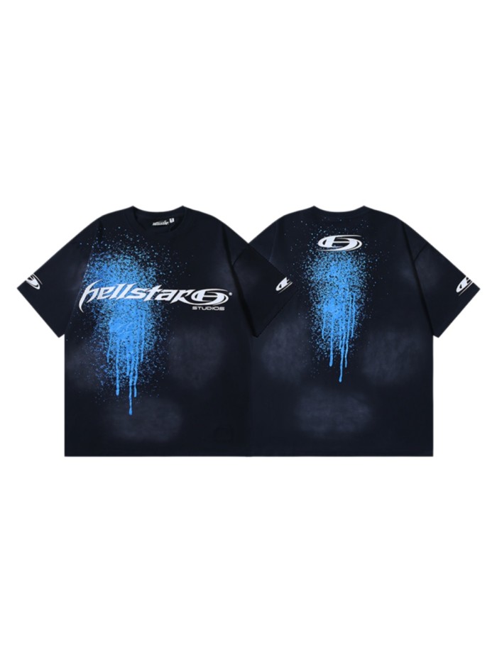Script Logo Blue Paint Splatter Drip Double Sided Print Oversized Tee 29287283