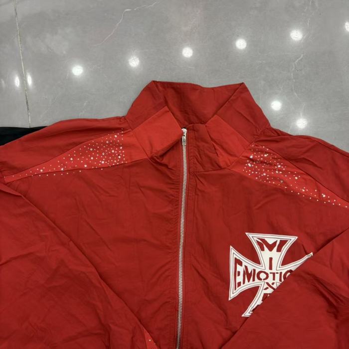 Rhinestone Panel Cross Graphic Stand Collar Windbreaker Jacket &Wide Leg Parachute Pants Set 29287107
