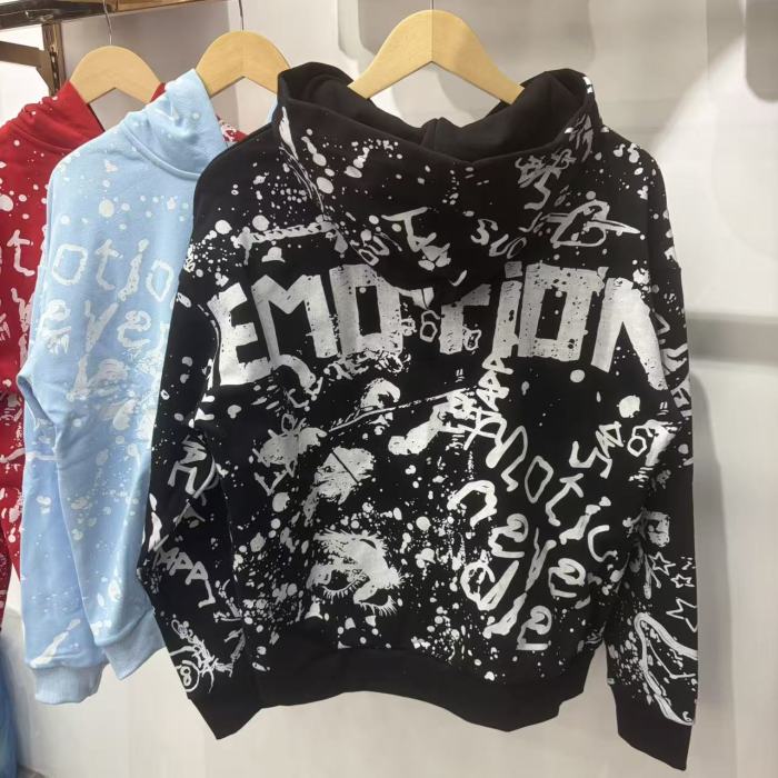 All Over White Paint Splatter Graffiti Emotion Letter Full Zip Oversized Hoodie 3 colors 29287194