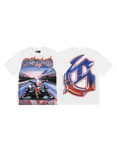 Script Letter Highway Driving Figure Gradient Blue Red GS Logo Double Printed Tee 29287468