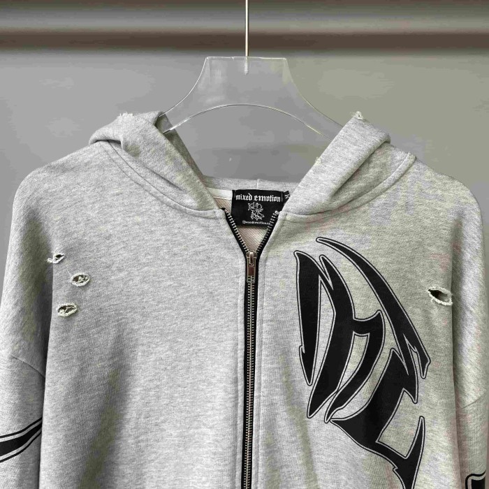 Distressed Slash Detail Gothic Spike Letter Front Back & Sleeve Print Full Zip Oversized Hoodie 29287186