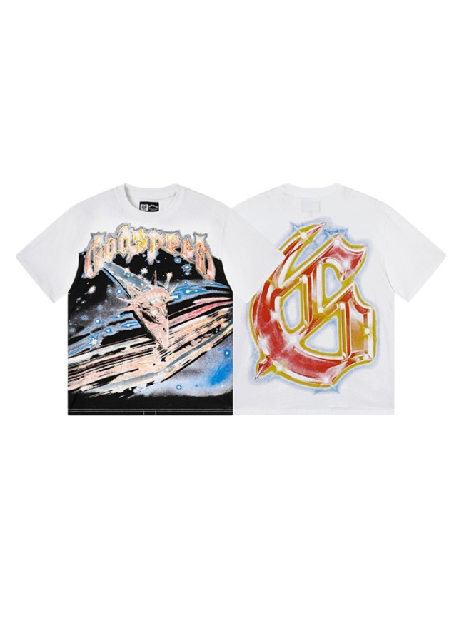 Cosmic Shooting Star Liberty Skull Gradient Red Gold Sparkle GS Logo Double Sided Print Tee 29287477