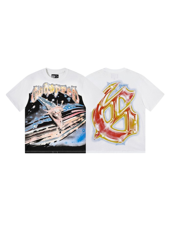 Cosmic Shooting Star Liberty Skull Gradient Red Gold Sparkle GS Logo Double Sided Print Tee 29287477