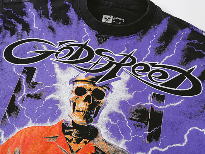 Lightning Background Checkered Suit Skull Racer Out Of Many One Slogan Double Sided Print Tee 29287370