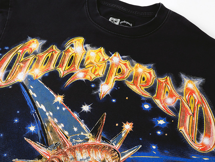 Shooting Star Liberty Skull Starry Sky Gradient Red Gold GS Logo Double Sided Print Tee 29287412