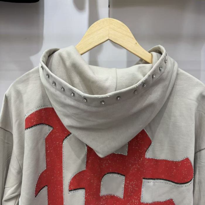 Light Gray Rhinestone Trim Cupid Print Front Back Chinese Character Full Zip Oversized Hoodie 29287183