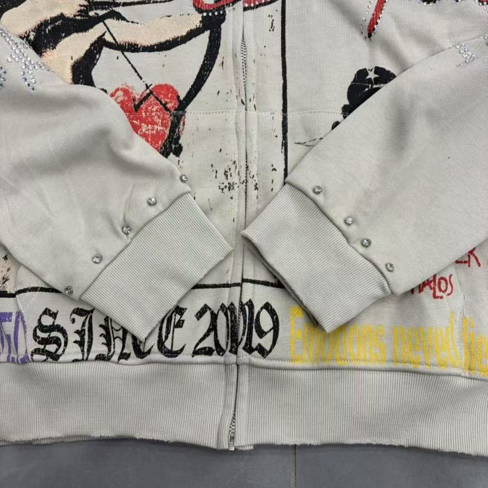 Light Gray Rhinestone Trim Cupid Print Front Back Chinese Character Full Zip Oversized Hoodie 29287183