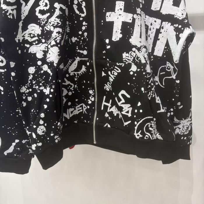 All Over White Paint Splatter Graffiti Emotion Letter Full Zip Oversized Hoodie 3 colors 29287194