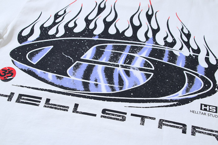 Distressed Purple Stripe Oval Flame Logo Double Printed Oversized Tee 29287264