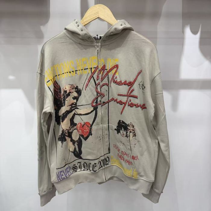 Light Gray Rhinestone Trim Cupid Print Front Back Chinese Character Full Zip Oversized Hoodie 29287183