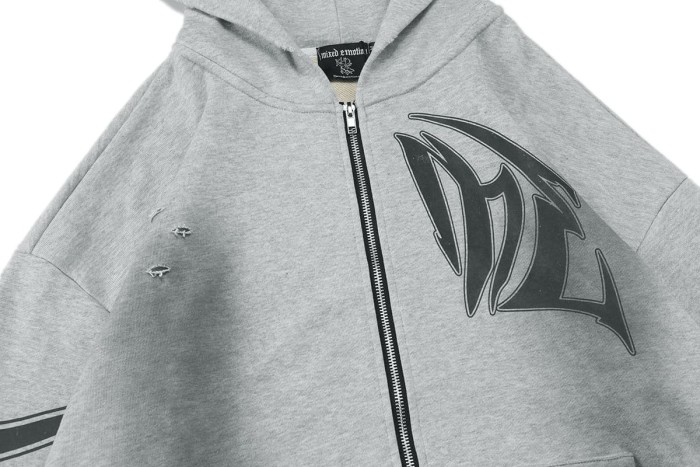 Distressed Slash Detail Gothic Spike Letter Front Back & Sleeve Print Full Zip Oversized Hoodie 29287186