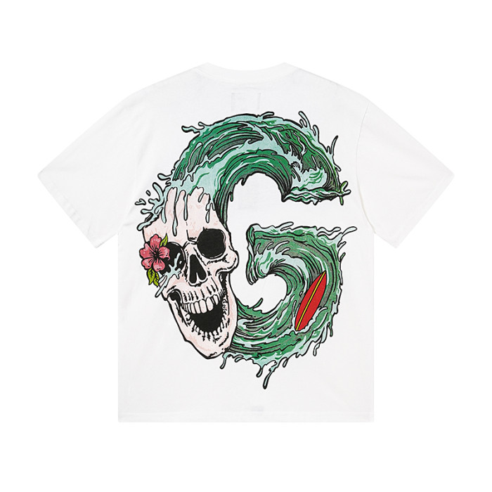 Tropical Palm Hibiscus Letter Ocean Wave Surf Skull Double Sided Print Tee 29287463