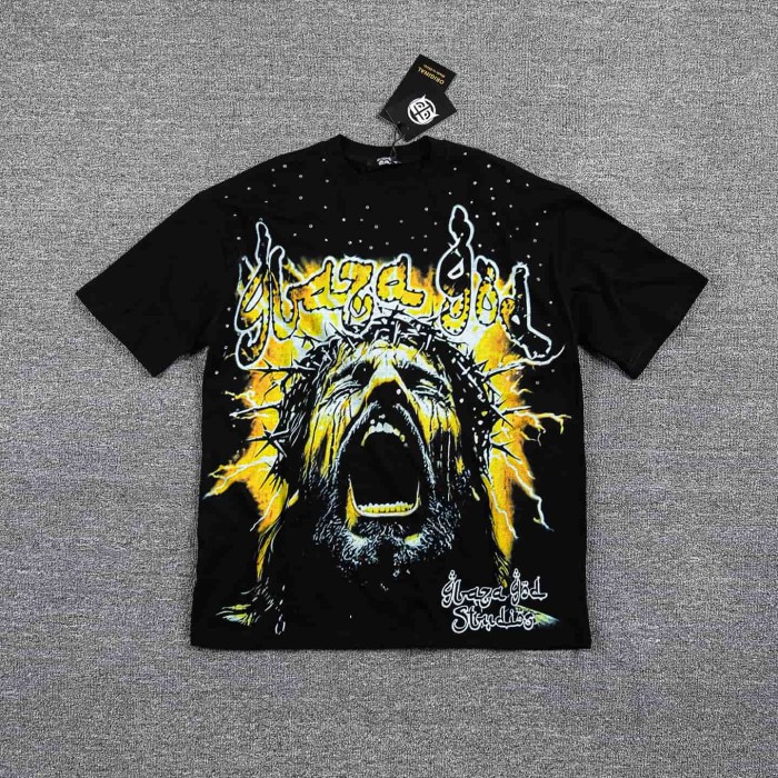 Neck Rhinestone Thorn Crown Jesus Lightning Graphic Double Sided Print T-Shirt 2 colors 29287070