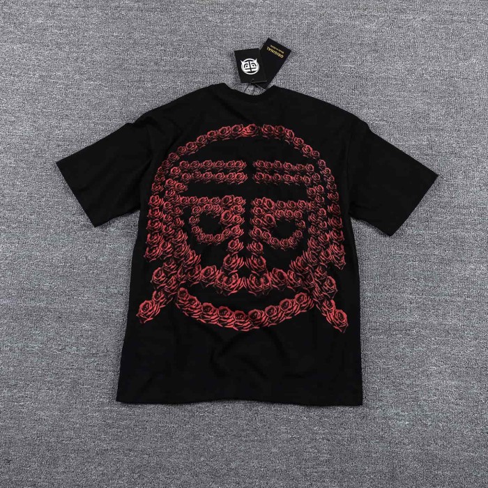 High Street Neck Rhinestone Laser Eyes Lady Rose Skull Graphic Double Sided Print T-Shirt 29287068