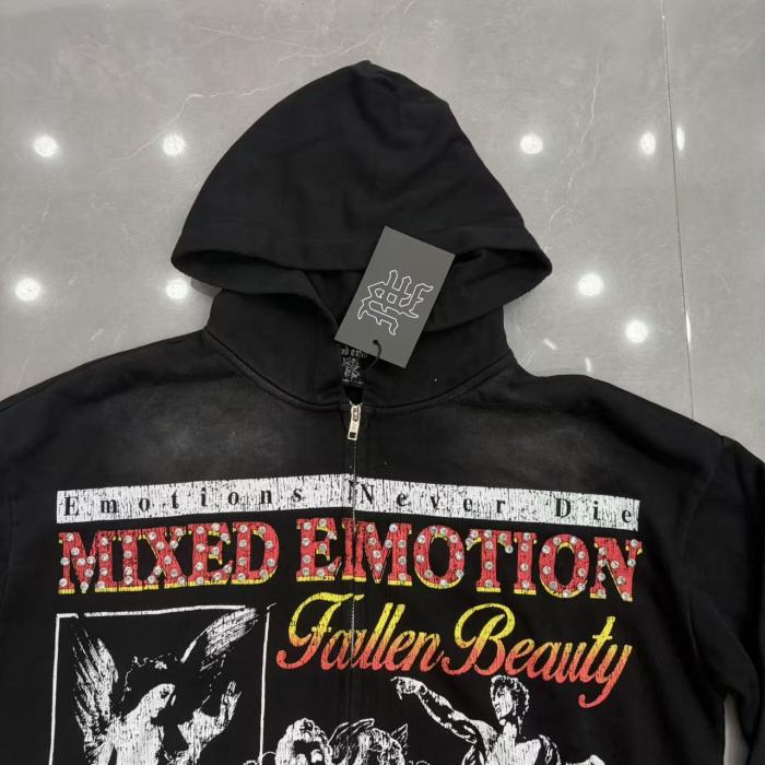 High Street Washed Black Angel Art Rhinestone Letter Full Zip Oversized Hoodie 29287174