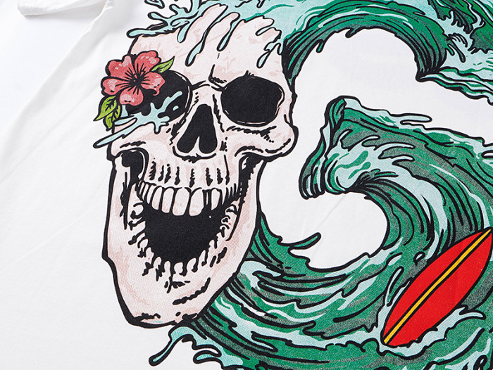 Tropical Palm Hibiscus Letter Ocean Wave Surf Skull Double Sided Print Tee 29287463