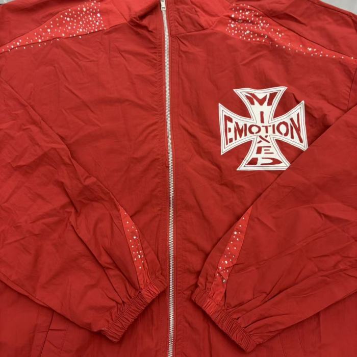 Rhinestone Panel Cross Graphic Stand Collar Windbreaker Jacket &Wide Leg Parachute Pants Set 29287107