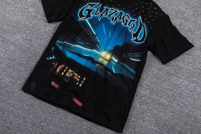 High Street Neck Rhinestone Night Highway Car Graphic Double Sided Print Oversized T-Shirt 29287057
