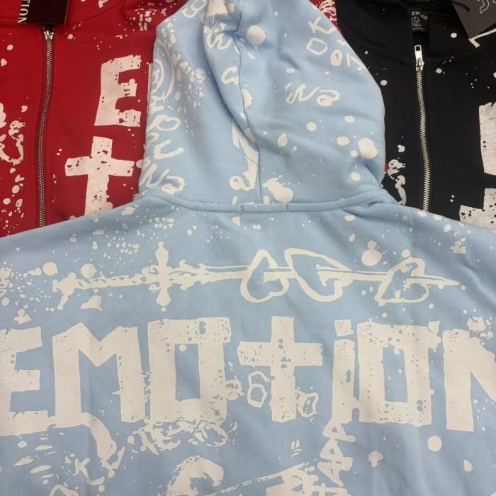 All Over White Paint Splatter Graffiti Emotion Letter Full Zip Oversized Hoodie 3 colors 29287194