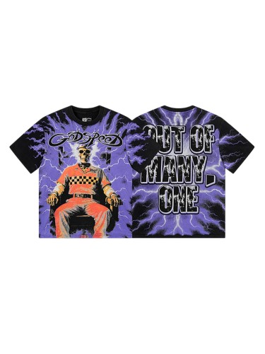 Lightning Background Checkered Suit Skull Racer Out Of Many One Slogan Double Sided Print Tee 29287370