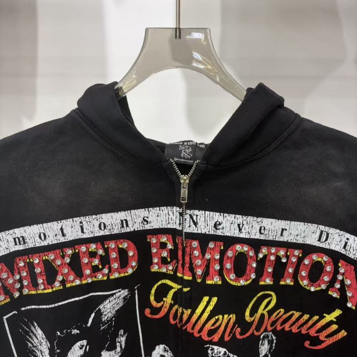 High Street Washed Black Angel Art Rhinestone Letter Full Zip Oversized Hoodie 29287174